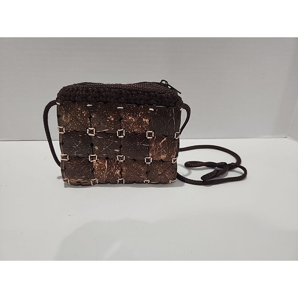 Wooden Coconut Squares Purse 5" Brown Lined Zipper Close Unique